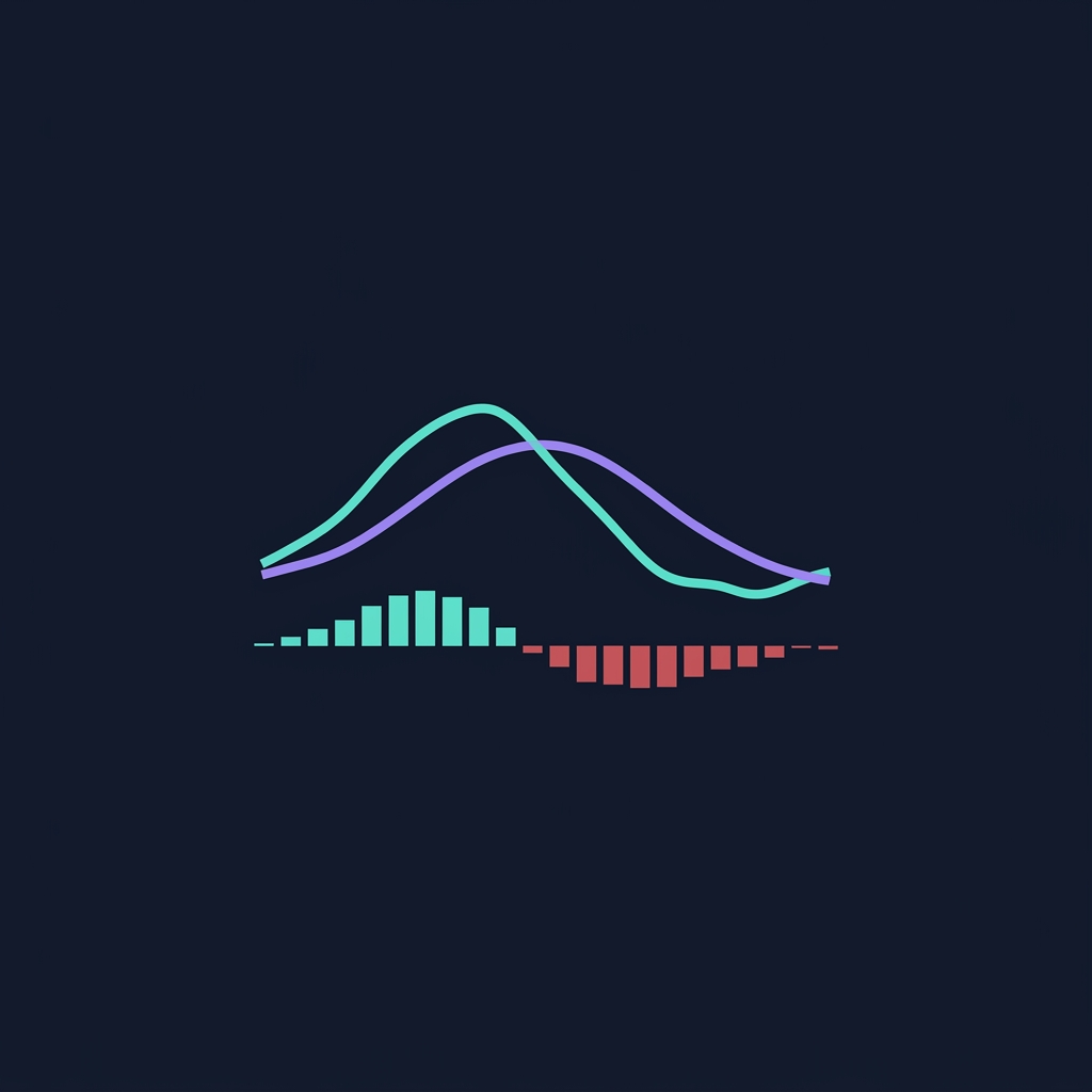 MACD indicator infographic showing MACD Line, Signal Line, and histogram with bullish crossover on dark background