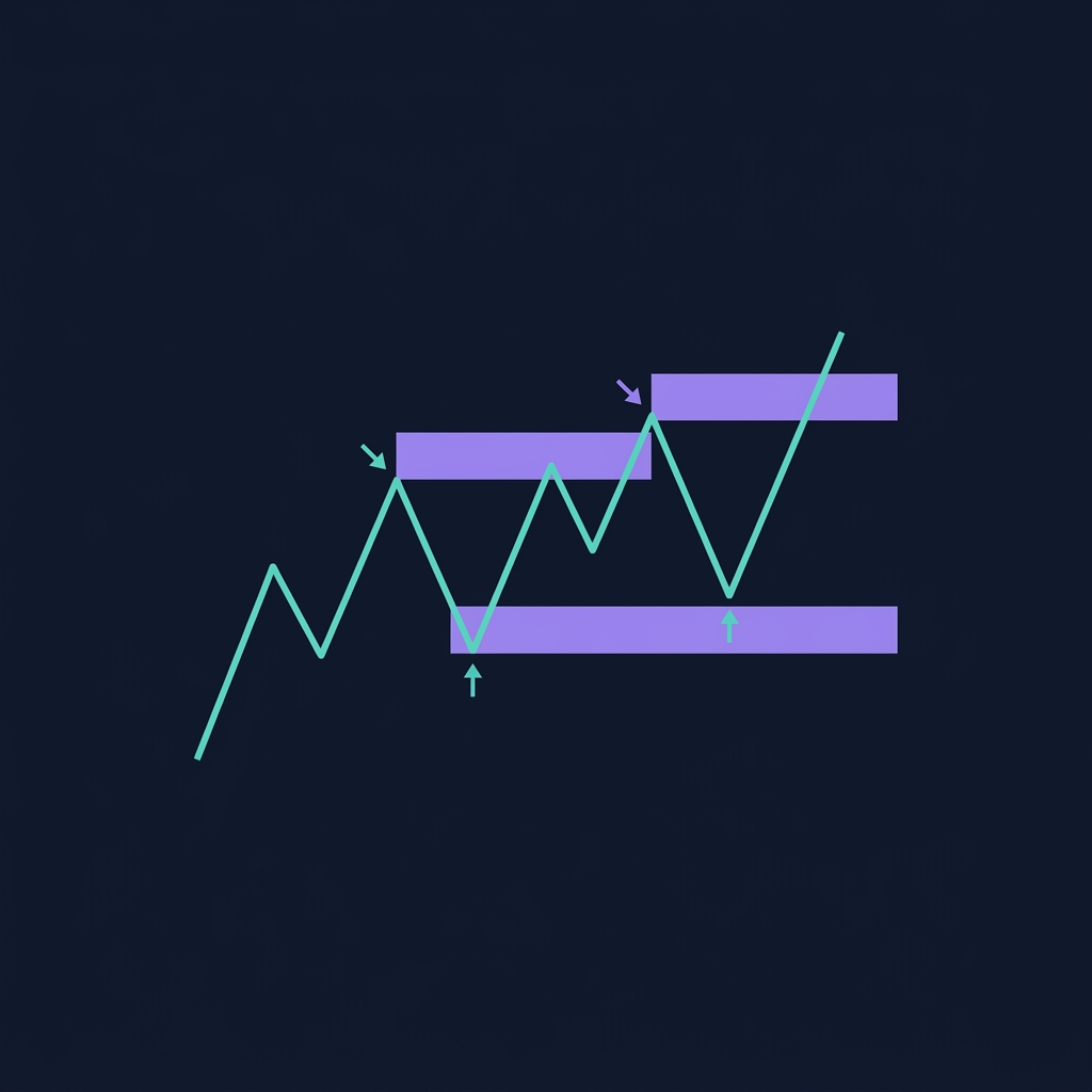 Smart Money Concepts infographic showing Order Block, Fair Value Gap, Break of Structure, and Change of Character annotations on a candlestick chart
