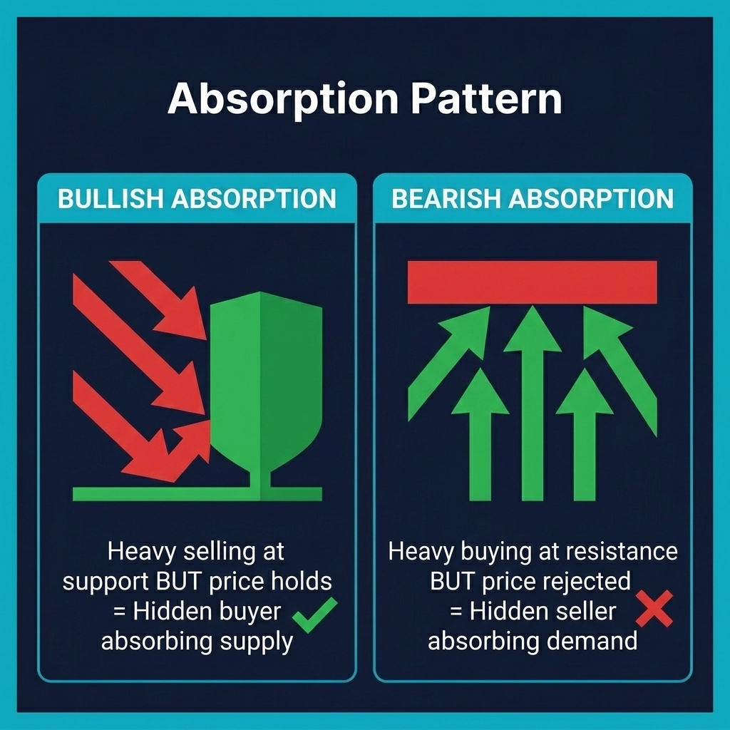 Absorption pattern — bullish absorption at support where selling is absorbed by hidden buyer, and bearish absorption at resistance