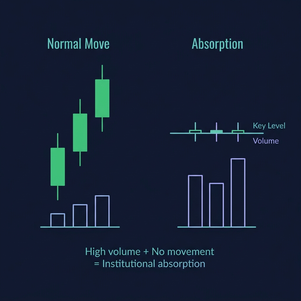 Absorption pattern — Normal Move vs Absorption comparison showing high volume with no price movement equals institutional absorption