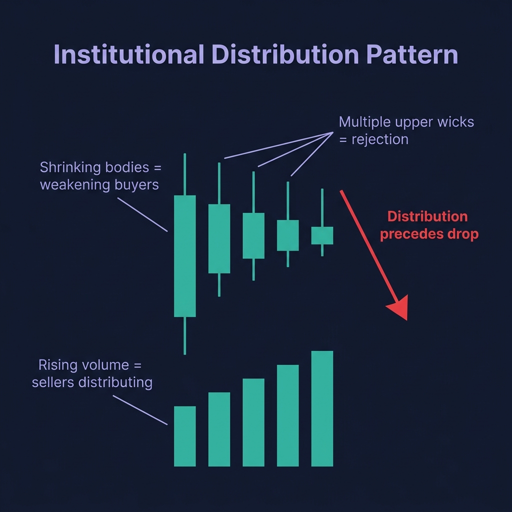 Institutional Distribution Pattern — shrinking bodies, multiple upper wicks, rising volume, and distribution precedes drop arrow