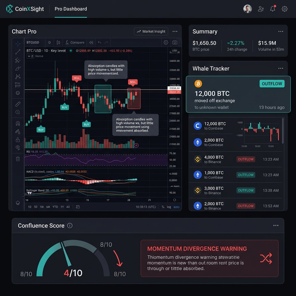 CoinXSight Pro Dashboard — Chart Pro with absorption annotations, Whale Tracker outflow feed, and Confluence Score