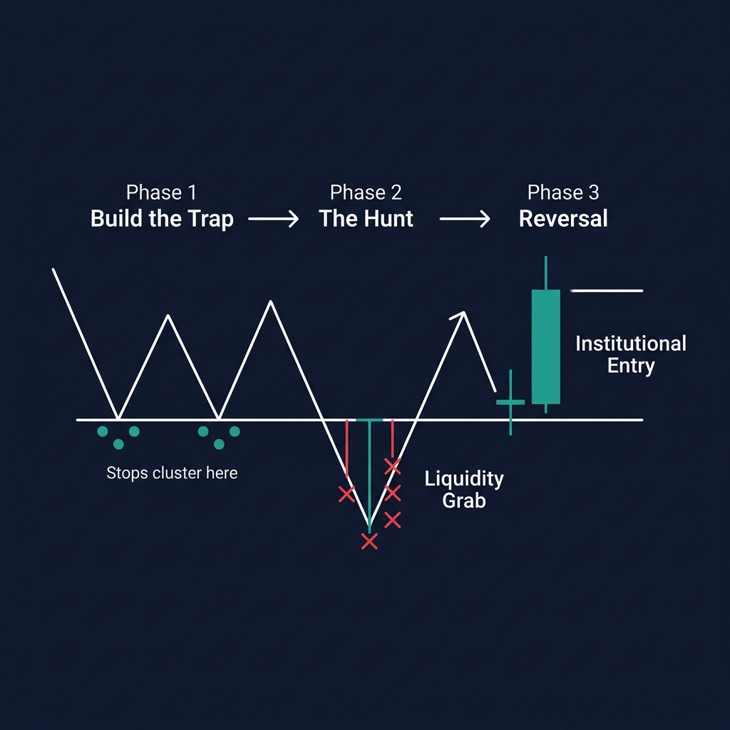 Stop Hunt anatomy — 3-phase diagram showing Build the Trap, The Hunt with liquidity grab, and Reversal with institutional entry