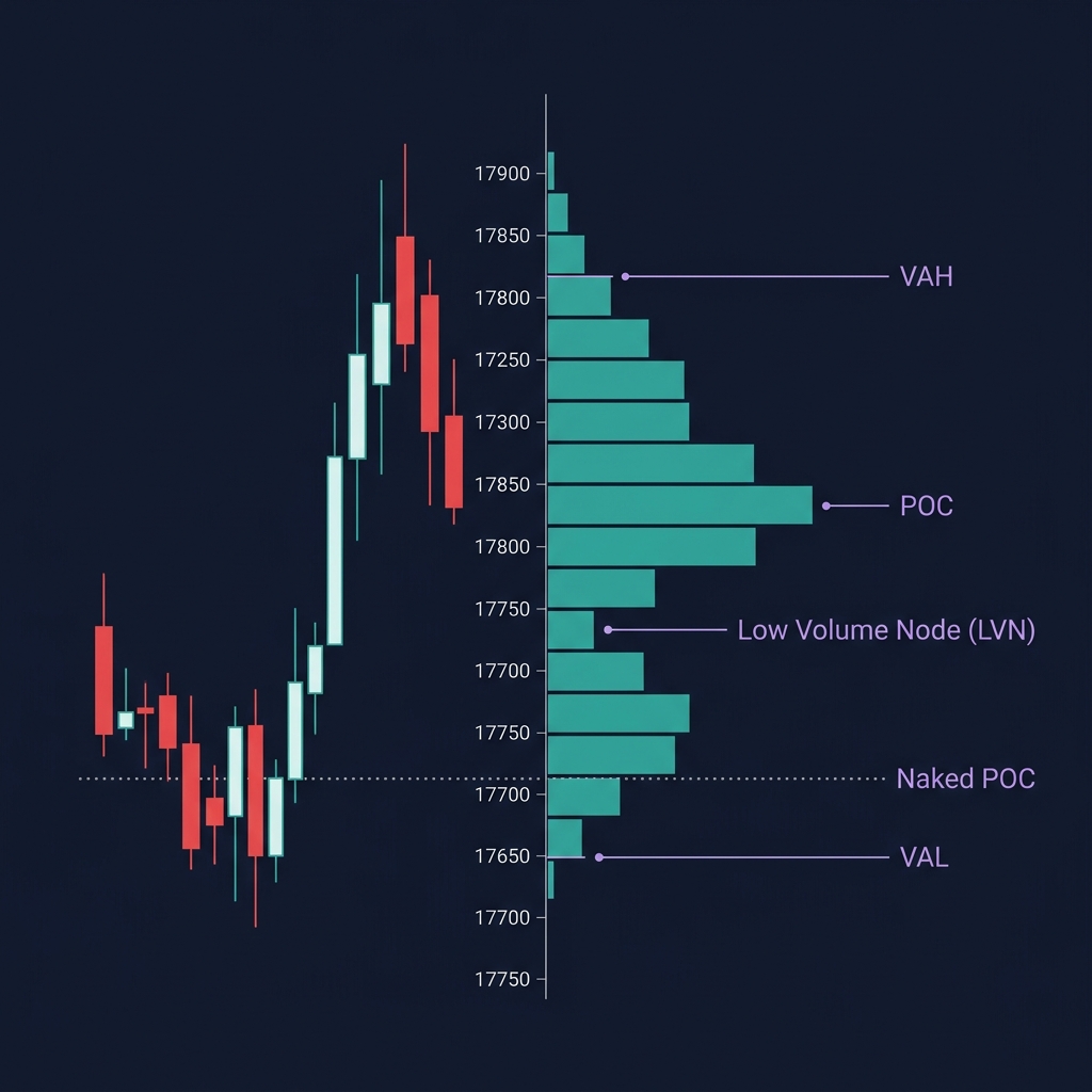Volume Profile chart — horizontal histogram showing POC, VAH, VAL, LVN, and Naked POC levels on a BTC chart
