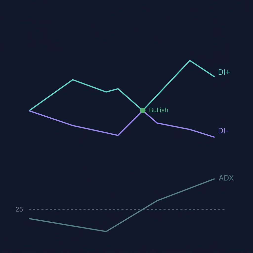 DI+ crossing above DI- with ADX rising above 25 threshold — confirmed bullish crossover signal