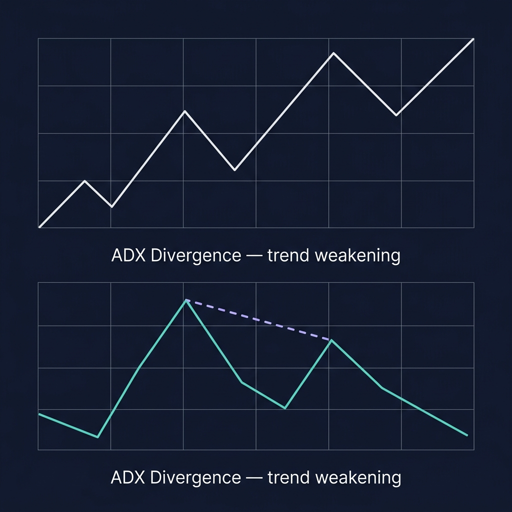 ADX divergence — price making higher high while ADX makes lower high, signaling trend exhaustion
