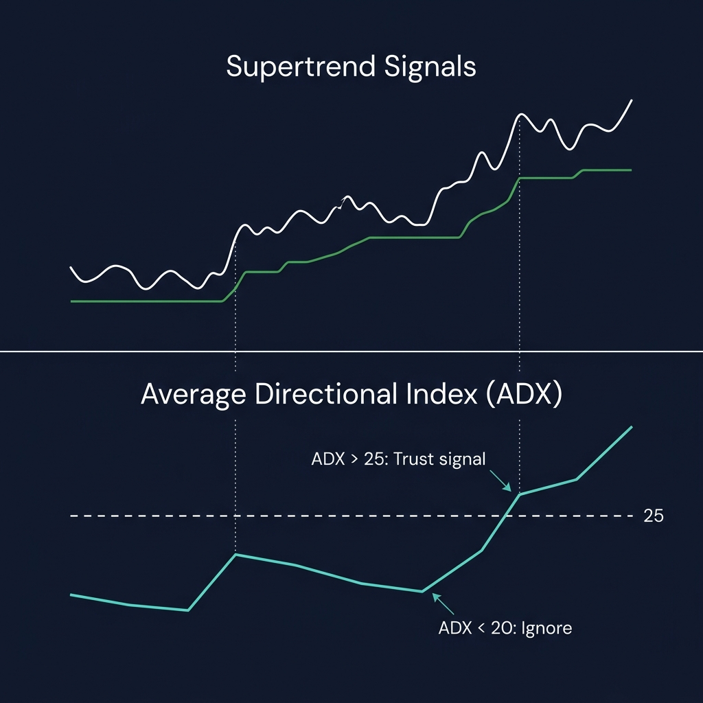 ADX and Supertrend combined system — when ADX above 25 trust Supertrend signals, when below 20 ignore them