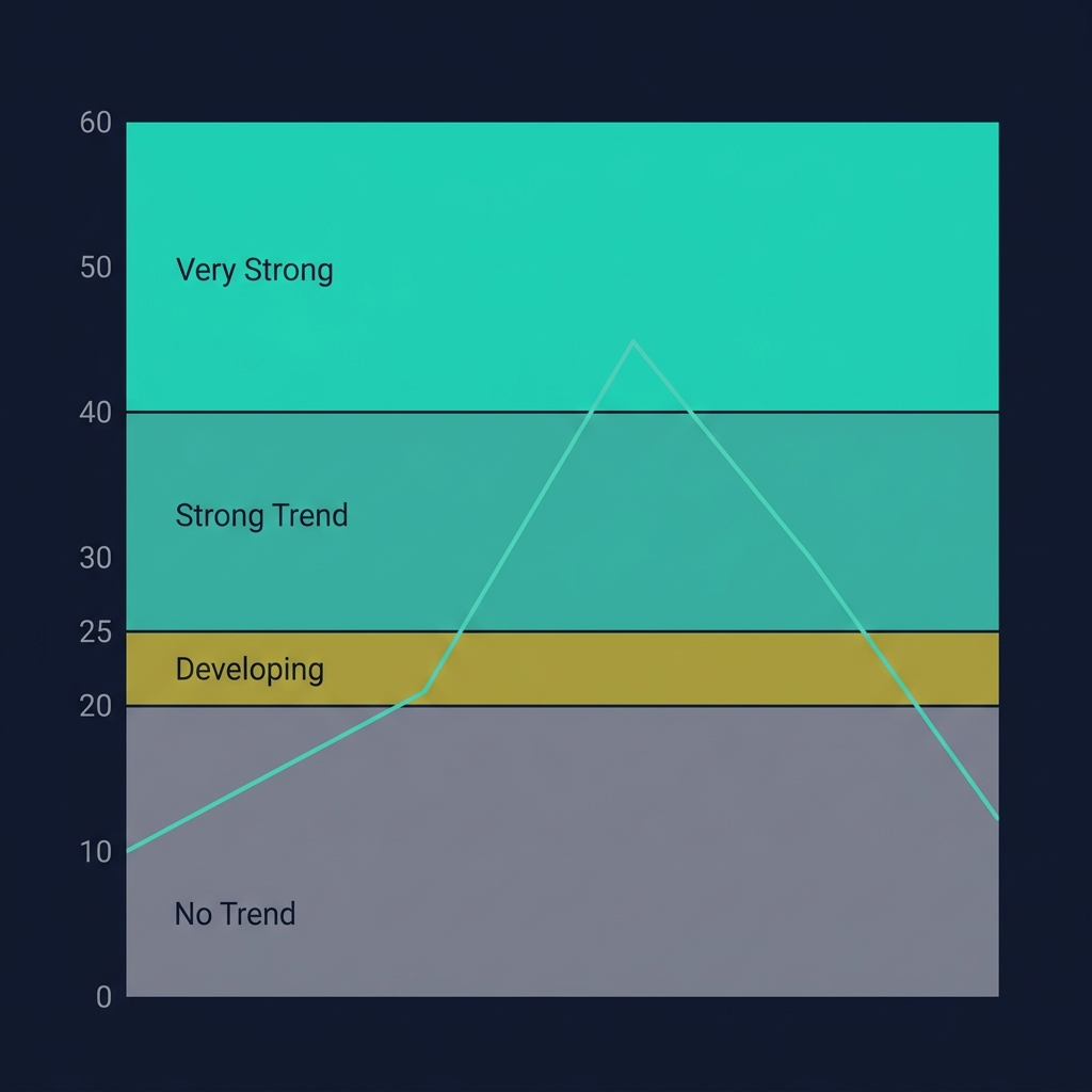 ADX trend strength zones — scale from 0-60 showing No Trend, Developing, Strong Trend, and Very Strong zones with ADX line