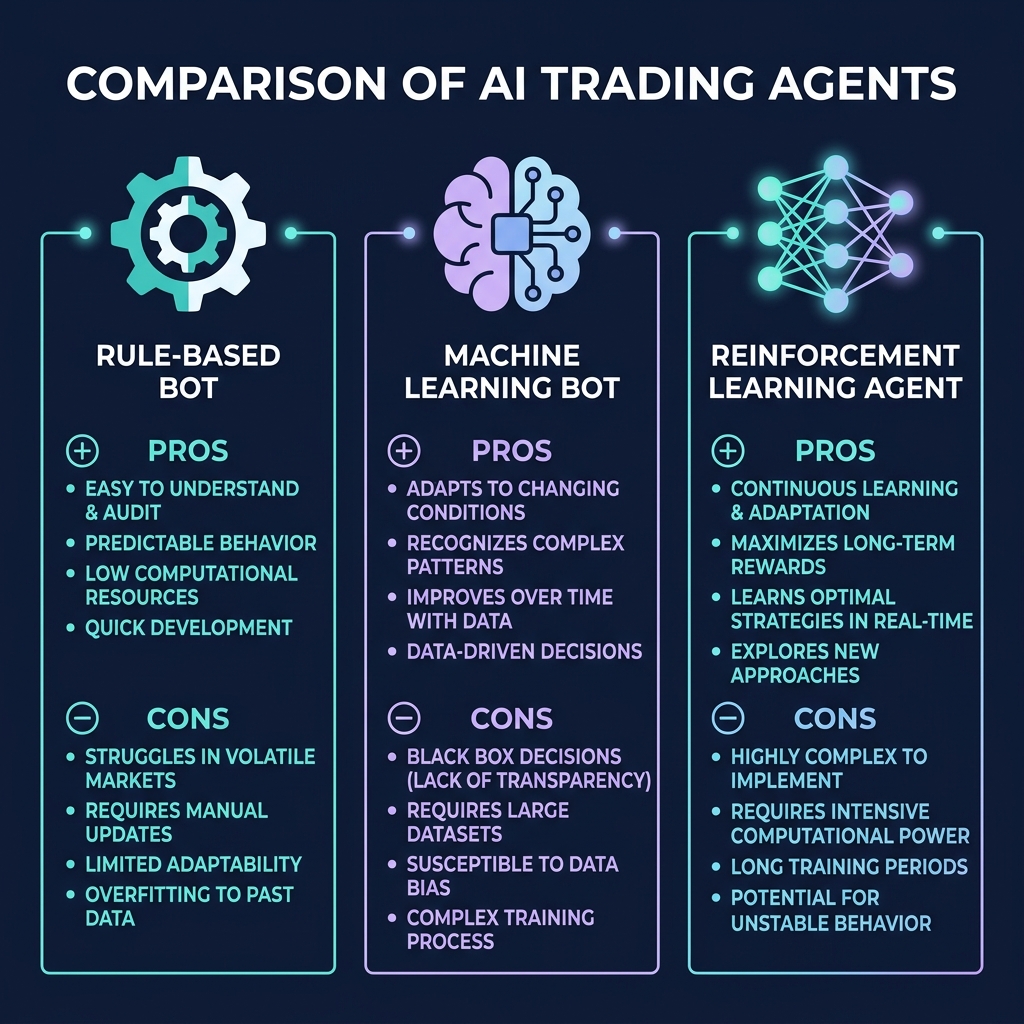 Three types of AI trading agents: Rule-Based Bot, Machine Learning Bot, and Reinforcement Learning Agent with their pros and cons