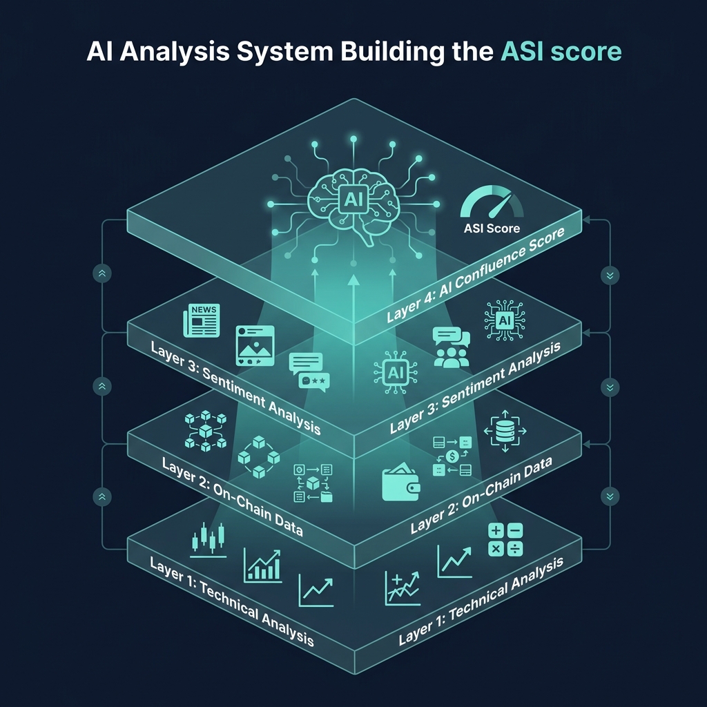 AI Analysis 4-Layer Architecture: Technical Analysis → On-Chain Data → Sentiment Analysis → AI Confluence Score (ASI)