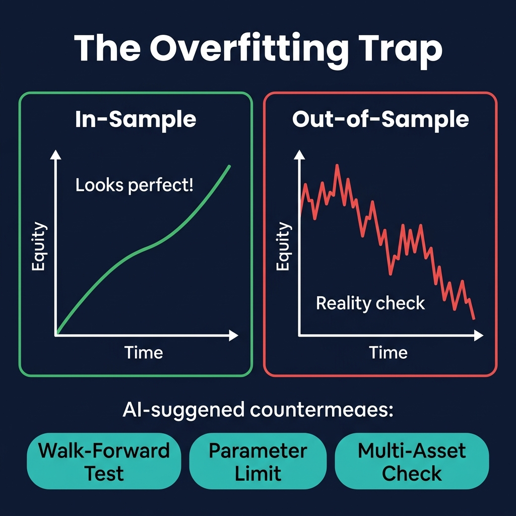 Infographic showing the overfitting trap — curve-fitted strategy performs perfectly on past data but fails on new data, with AI-suggested countermeasures