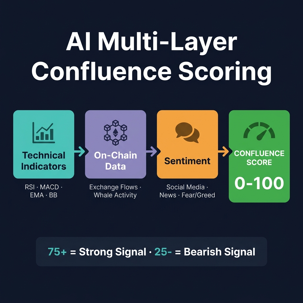 How AI multi-layer confluence scoring works — combining Technical Indicators, On-Chain Data, and Sentiment into a single score
