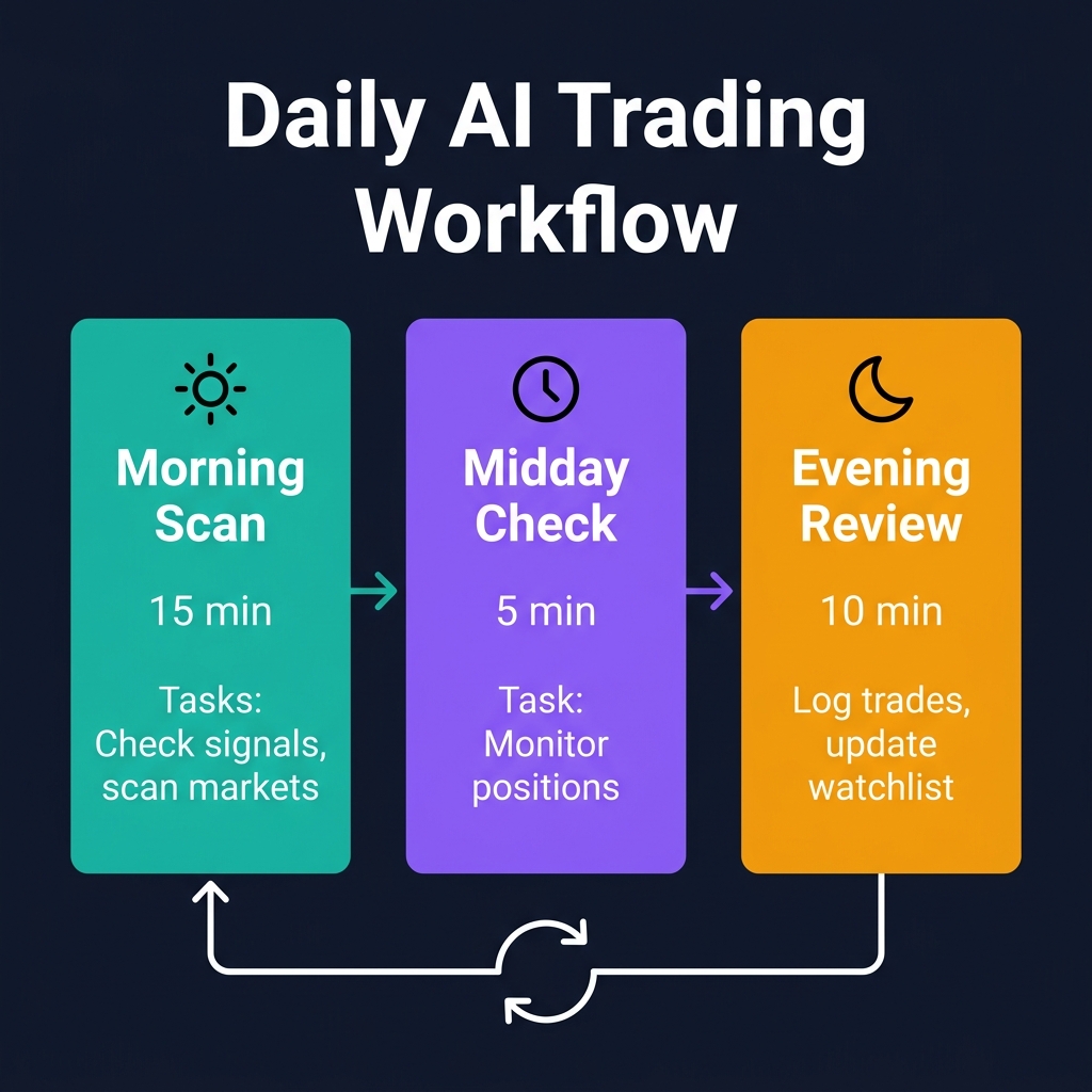 Daily AI trading workflow timeline: Morning Scan (15 min, 8-9 AM), Midday Check (5 min, 12-1 PM), Evening Review (10 min, 8-9 PM) — shown as a horizontal timeline