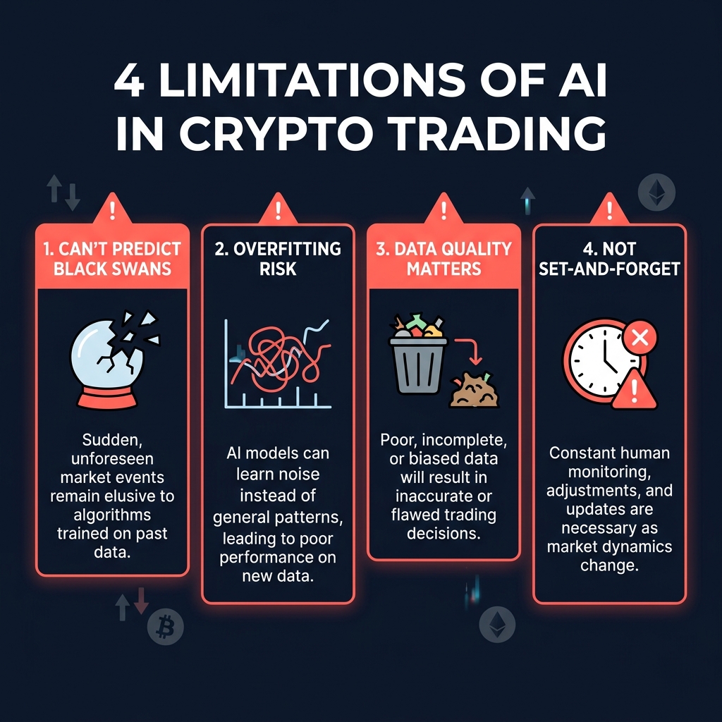 4 limitations of AI in crypto trading: Can't Predict Black Swans, Overfitting Risk, Data Quality Matters, Not Set-and-Forget