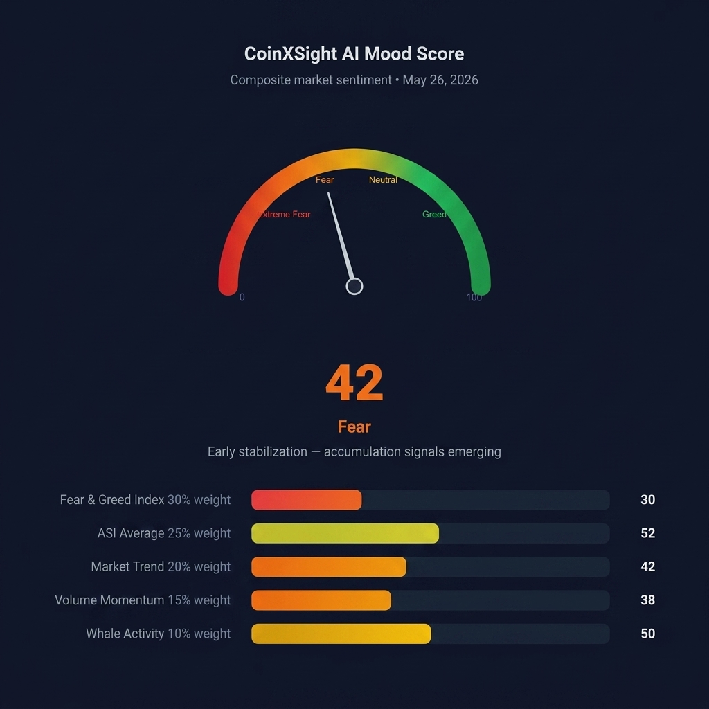 CoinXSight AI Mood Score — 42/100 Fear