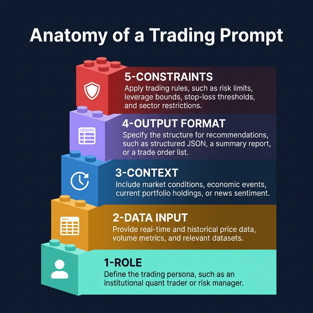 Infographic showing the anatomy of a high-quality AI trading prompt — Role, Data Input, Context, Output Format, and Constraints arranged as building blocks