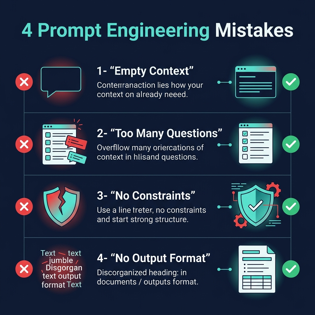 Four common prompt engineering mistakes with corrections — Empty Context, Too Many Questions, No Constraints, No Output Format