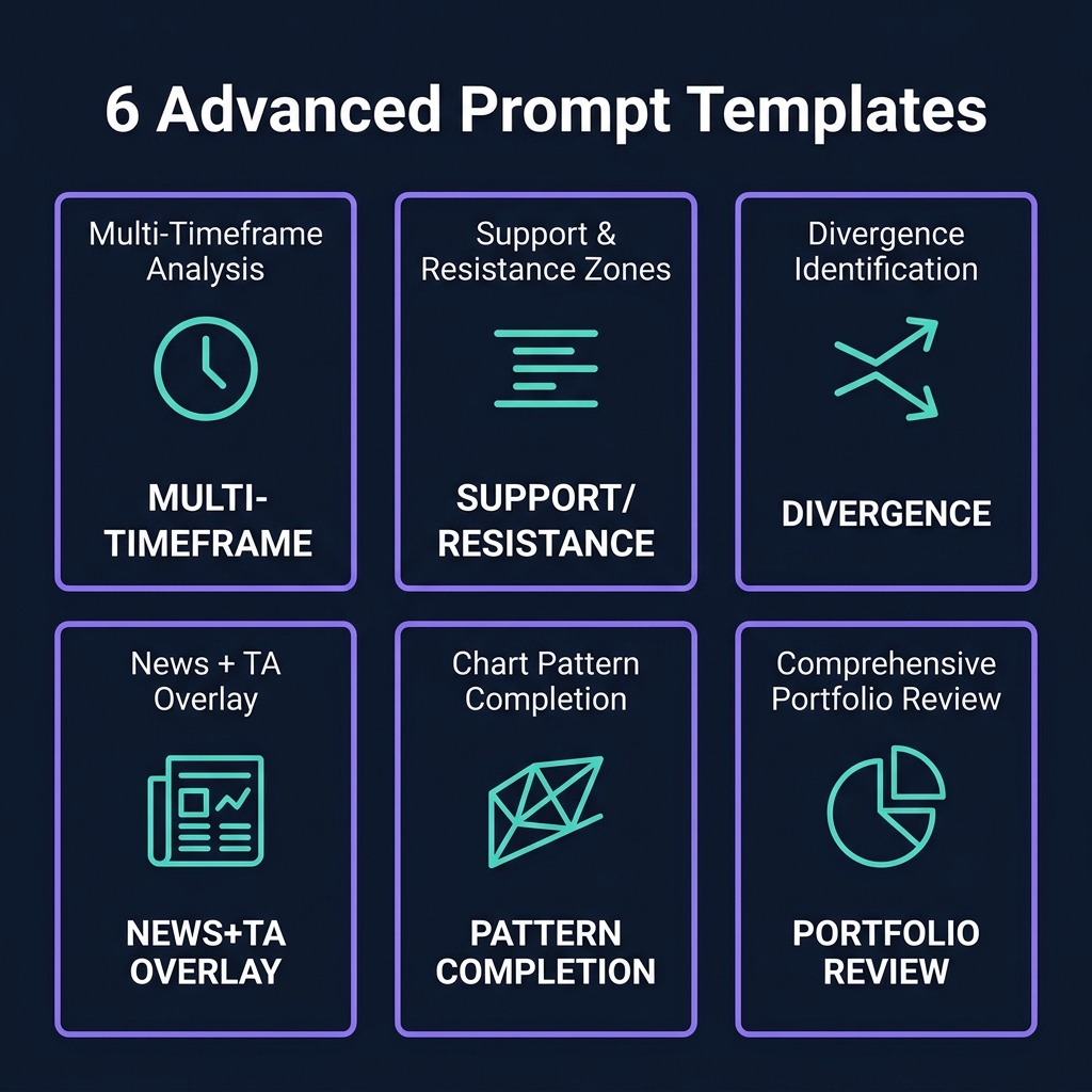 Grid of 6 advanced AI prompt templates for crypto trading — Multi-Timeframe, Support/Resistance, Divergence, News+TA Overlay, Pattern Completion, Portfolio Review