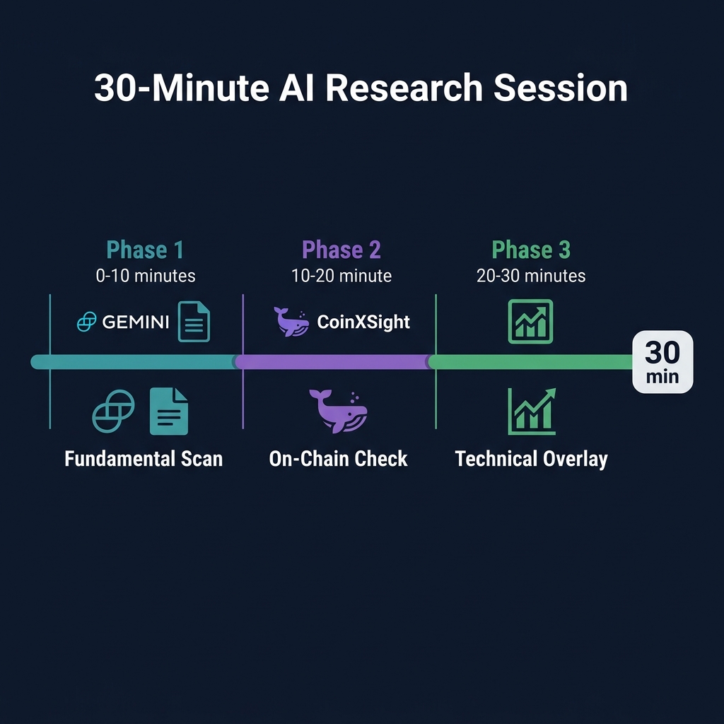 Daily AI research workflow timeline showing the 30-minute session divided into 3 phases — Fundamental scan (10 min), On-chain check (10 min), Technical overlay (10 min)