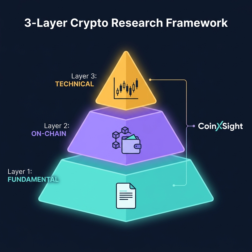 Three-layer AI research framework for crypto — Layer 1 Fundamental (project, team, tokenomics), Layer 2 On-Chain (whale activity, exchange flows), Layer 3 Technical (indicators, confluences)