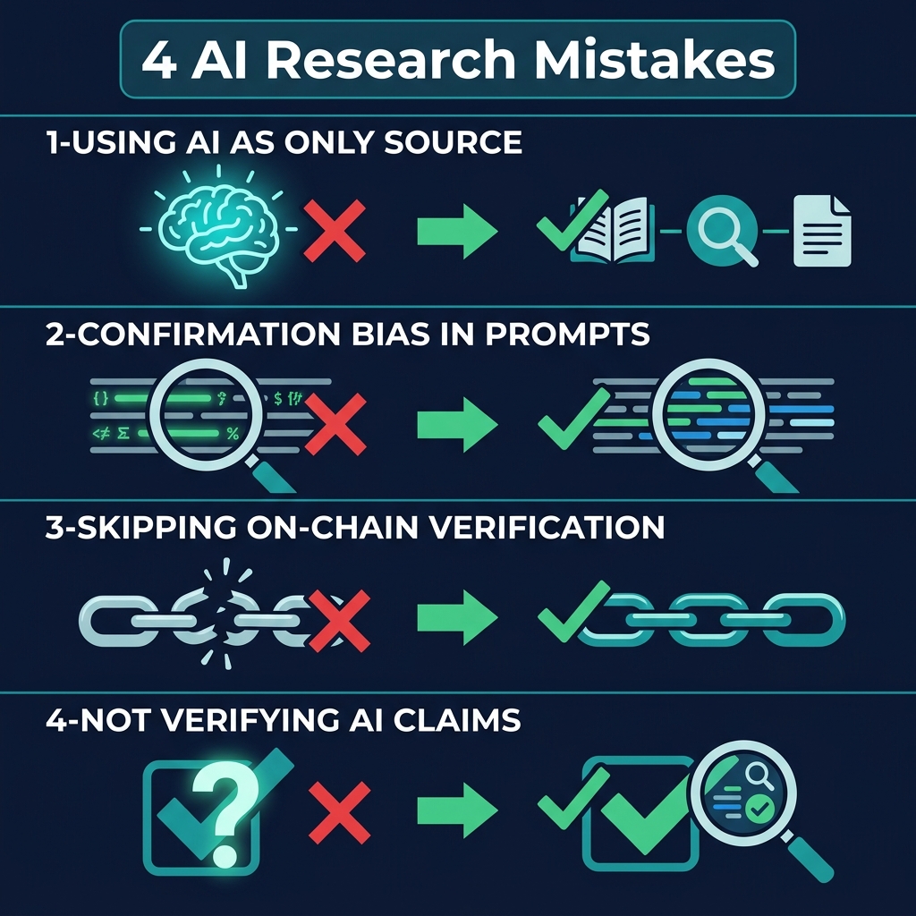 Four common AI crypto research mistakes — relying on AI for live data, skipping on-chain verification, confirmation bias in prompts, not verifying AI claims