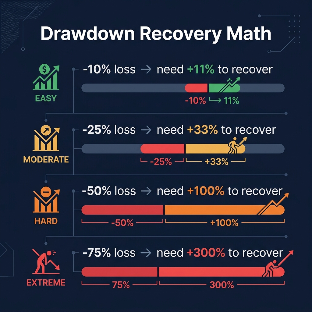 Drawdown recovery chart showing the exponential difficulty of recovering from losses — 10% loss needs 11% gain, 25% needs 33%, 50% needs 100%, 75% needs 300%