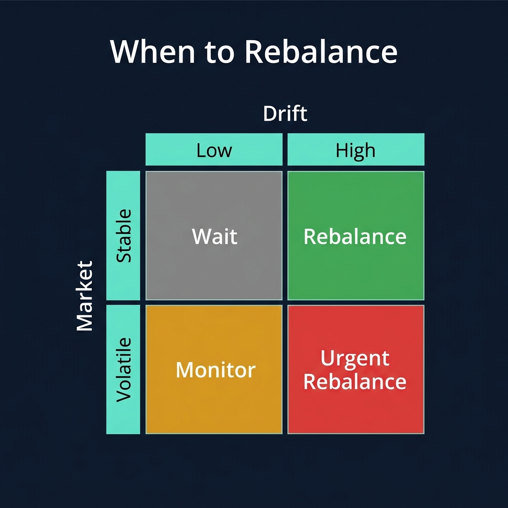 Portfolio rebalancing decision matrix showing when to rebalance based on drift percentage, time interval, and market regime changes