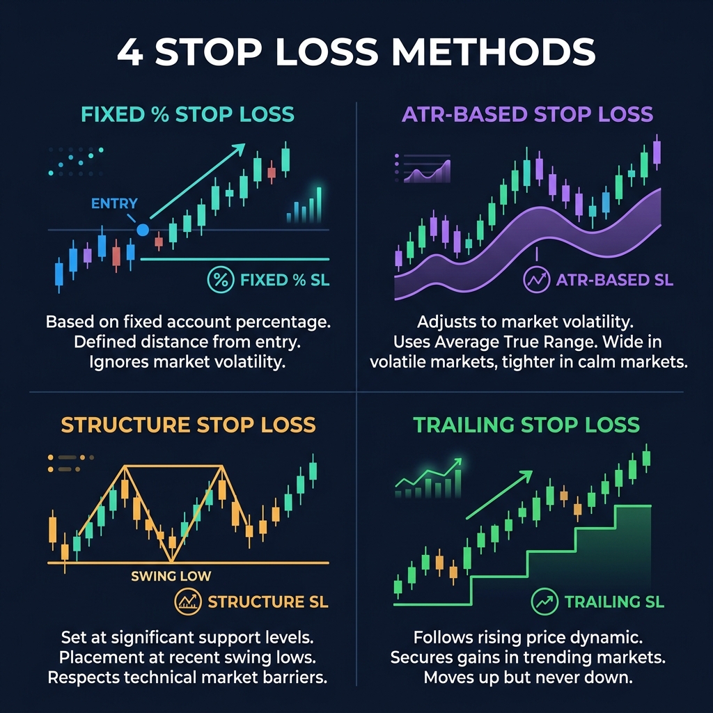 Four stop loss strategies compared — Fixed Percentage, ATR-Based, Structure-Based, and Trailing Stop with visual examples on dark navy background
