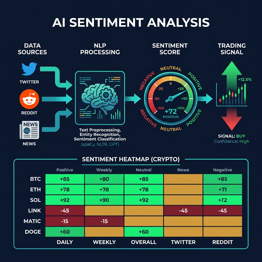 AI Sentiment pipeline — data sources, NLP, sentiment score, trading signal