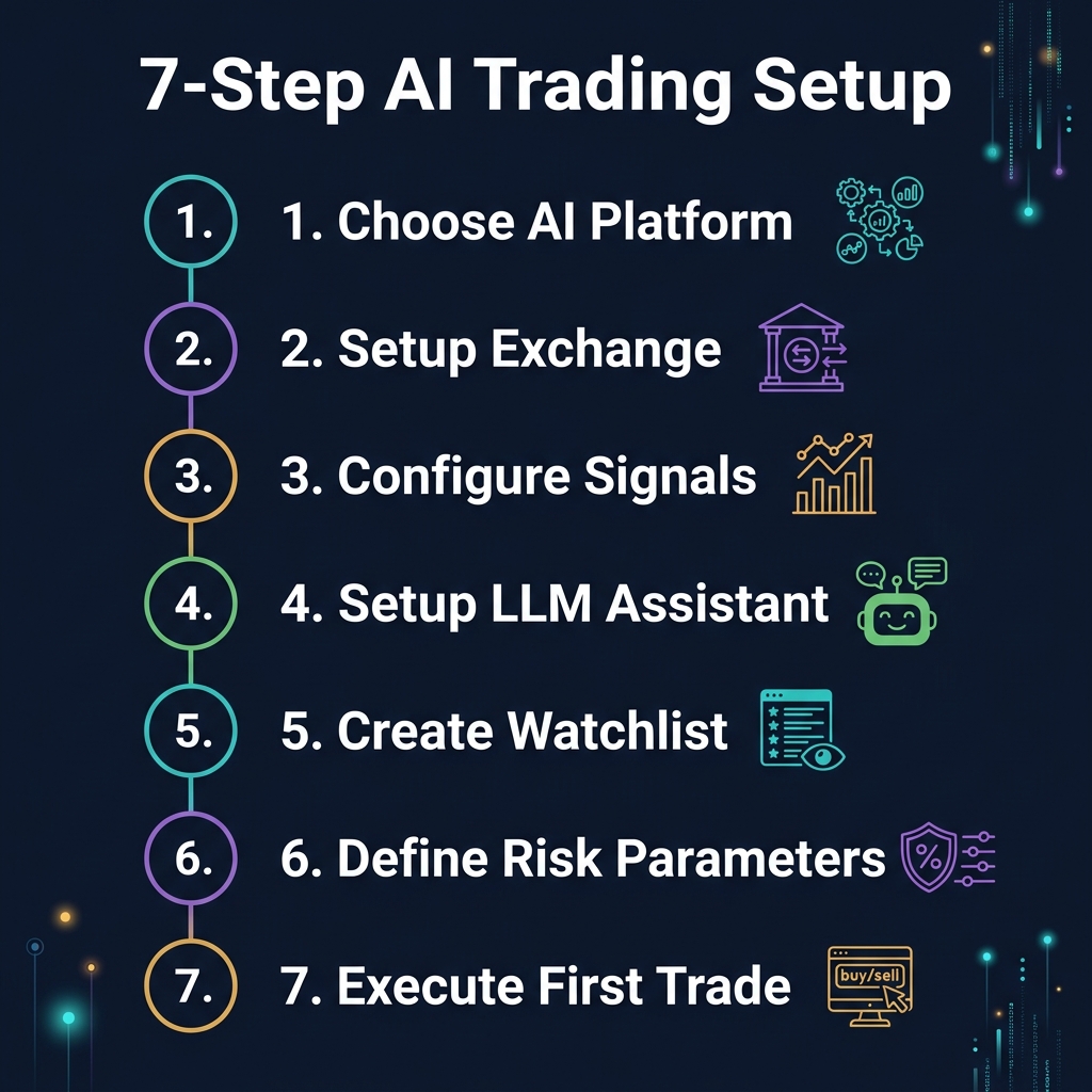 Seven-step AI trading setup checklist: Platform, Exchange, Signals, LLM, Watchlist, Risk, First Trade — shown as a numbered vertical checklist with icons