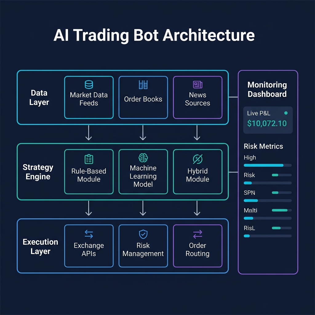 AI Trading Bot architecture — Data Layer, Strategy Engine, Execution Layer