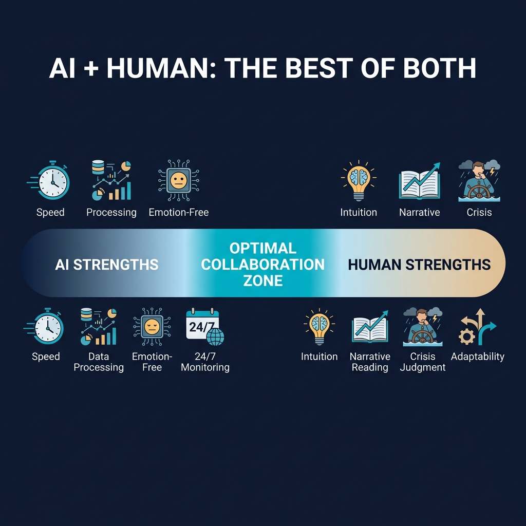 AI vs Human trading spectrum: AI excels at Speed, Data, Emotionless; Human excels at Intuition, Narrative, Adaptability; Center is the Optimal Zone