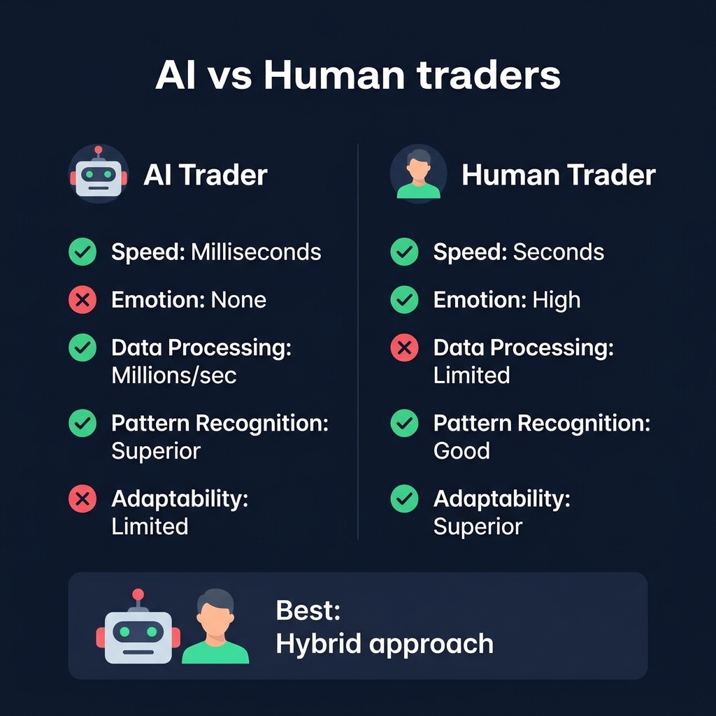 AI vs Human trader — speed, emotion, data, pattern recognition, adaptability