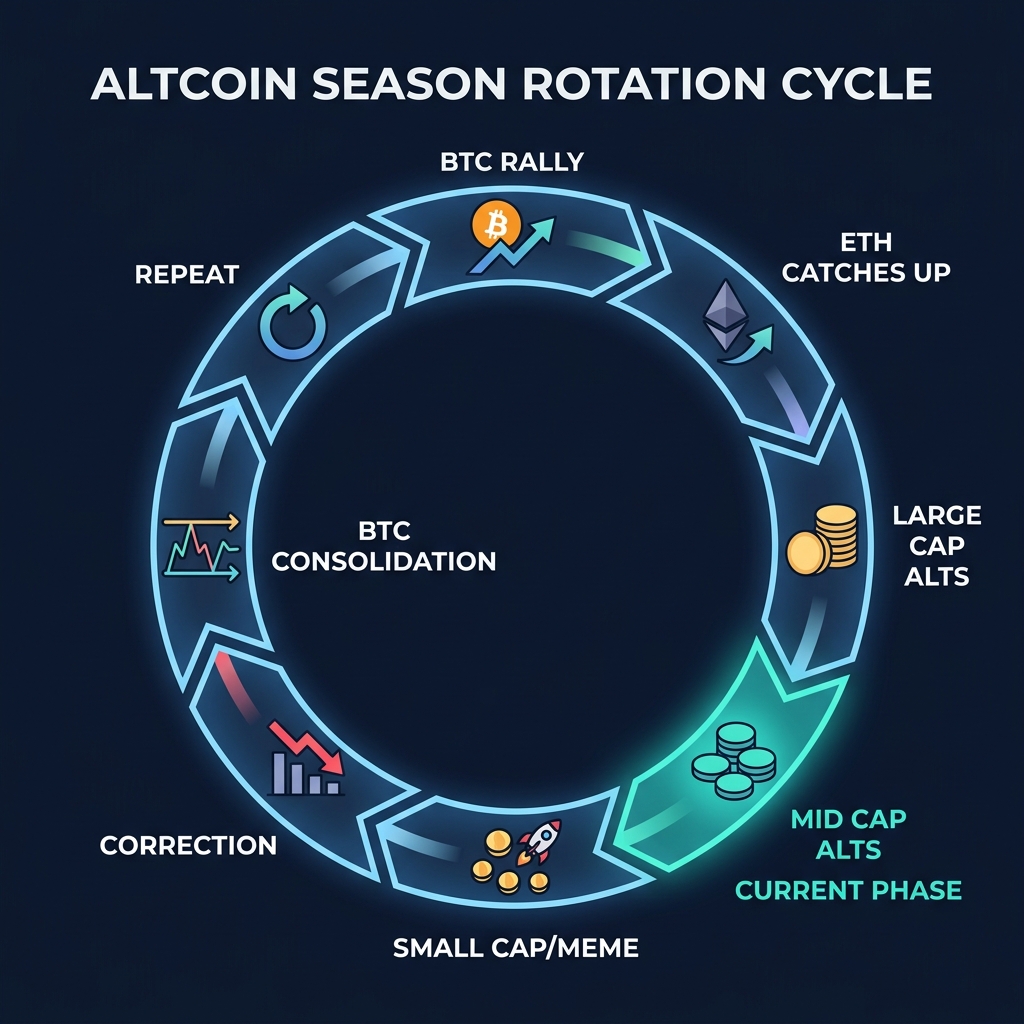 Altcoin season rotation cycle: BTC Rally → ETH → Large Cap → Mid Cap → Meme → Correction → Repeat