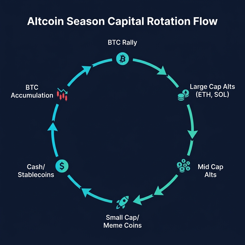 Altcoin Season capital rotation — BTC → Large Caps → Mid → Small/Meme → Stablecoins