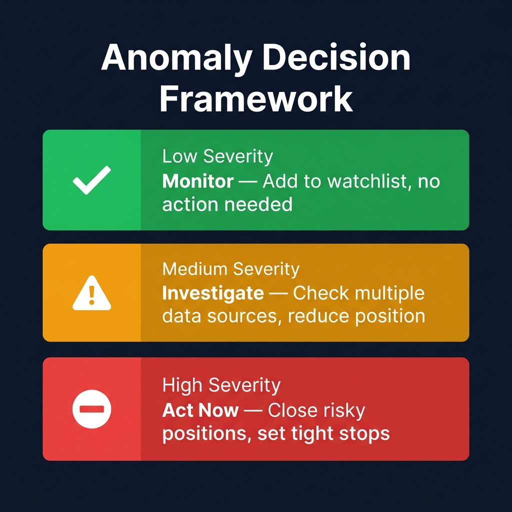 Anomaly decision framework: Traffic light system — Green (opportunity signals like whale accumulation), Yellow (watch closely, mixed signals), Red (danger signals like pump-dump patterns) — with action steps for each