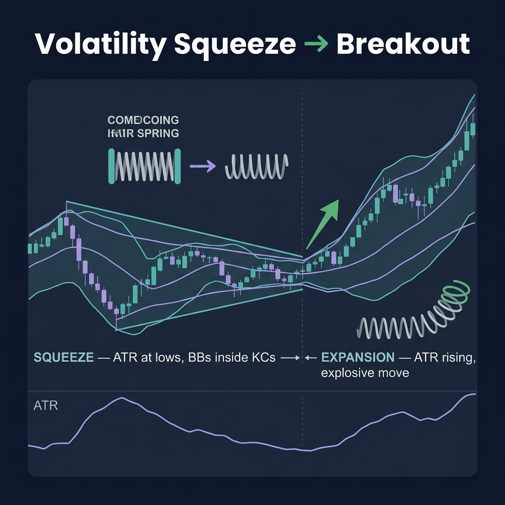Volatility Squeeze → Breakout — Compressed BBs inside KCs, ATR at lows, then explosive expansion