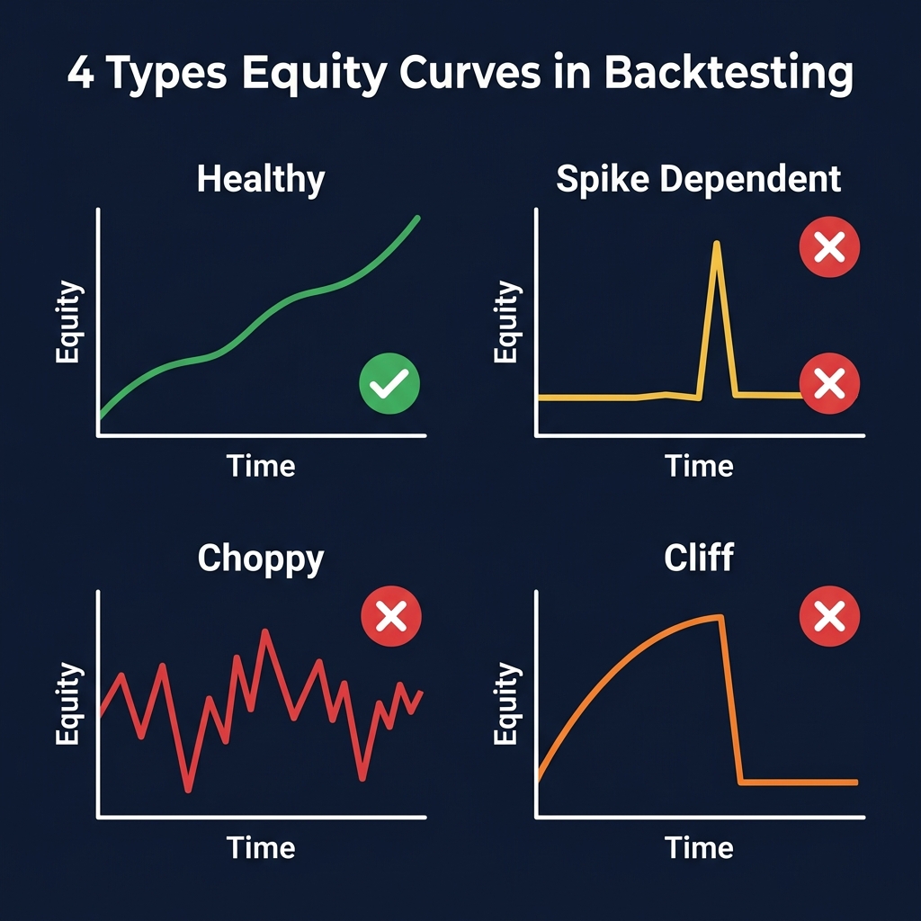 Four types of equity curves — Healthy (smooth uptrend), Spike Dependent (flat then sudden jump), Choppy (zigzag around zero), and Cliff (smooth rise then crash)
