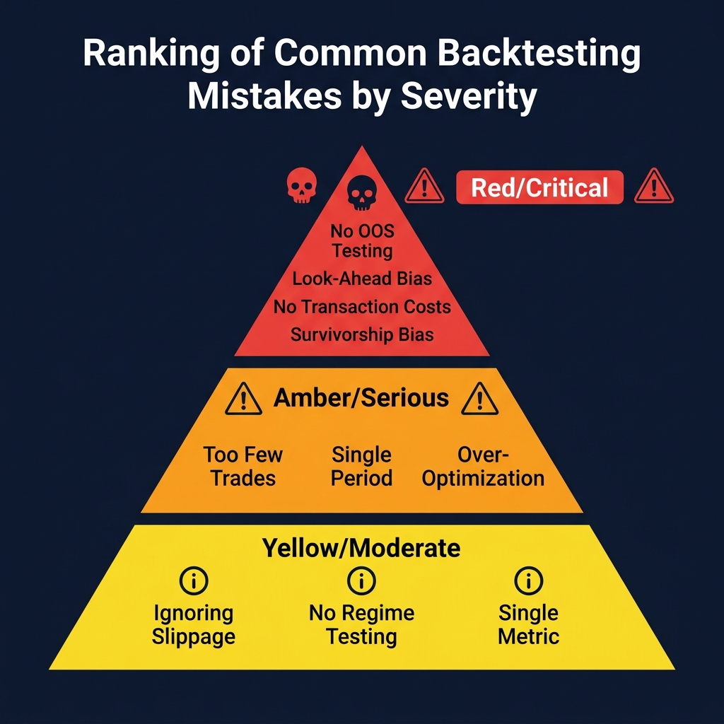 Backtesting mistakes ranked by severity — Critical (red): No OOS Testing, Look-Ahead Bias; Serious (amber): Too Few Trades, Over-Optimization; Moderate (yellow): Ignoring Slippage, No Regime Testing