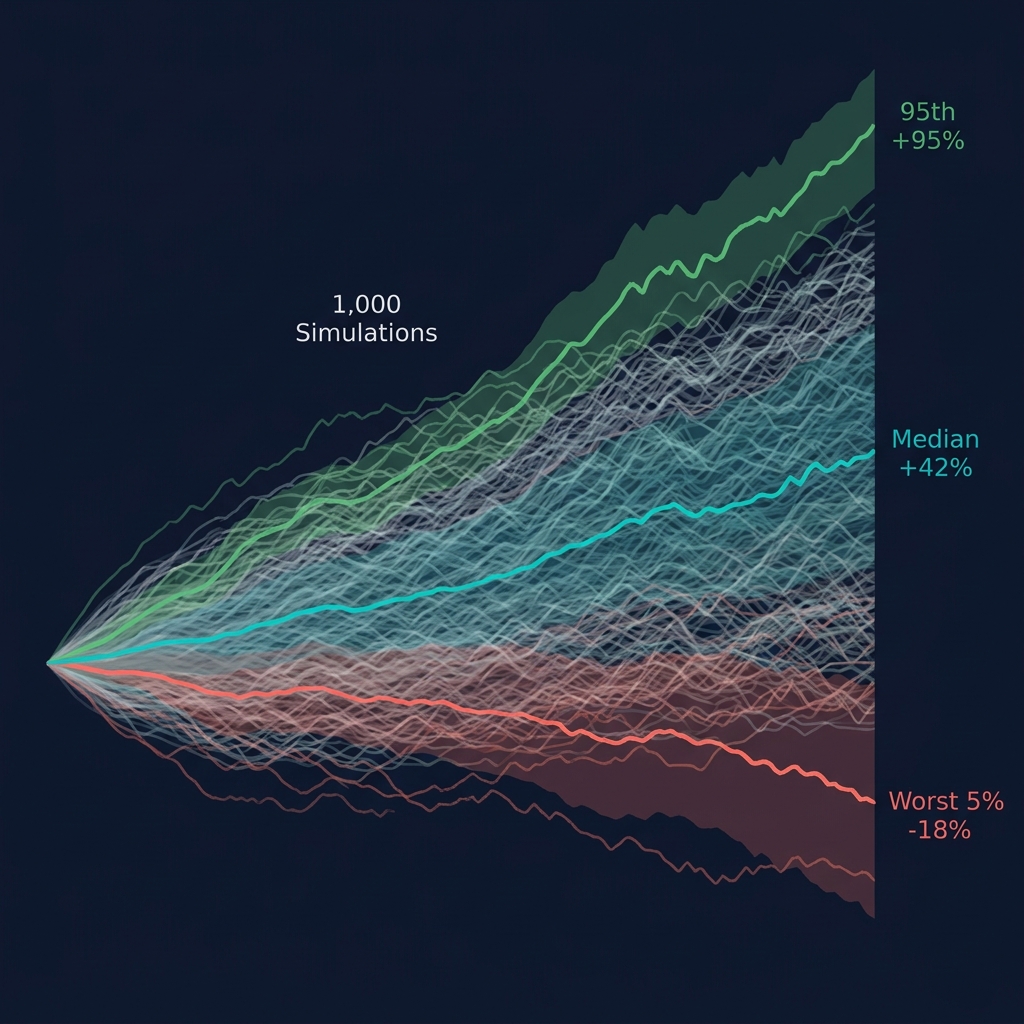 Monte Carlo simulation visualization showing 1,000 equity curve paths fanning out from a single starting point, with median, best-case, and worst-case scenarios highlighted