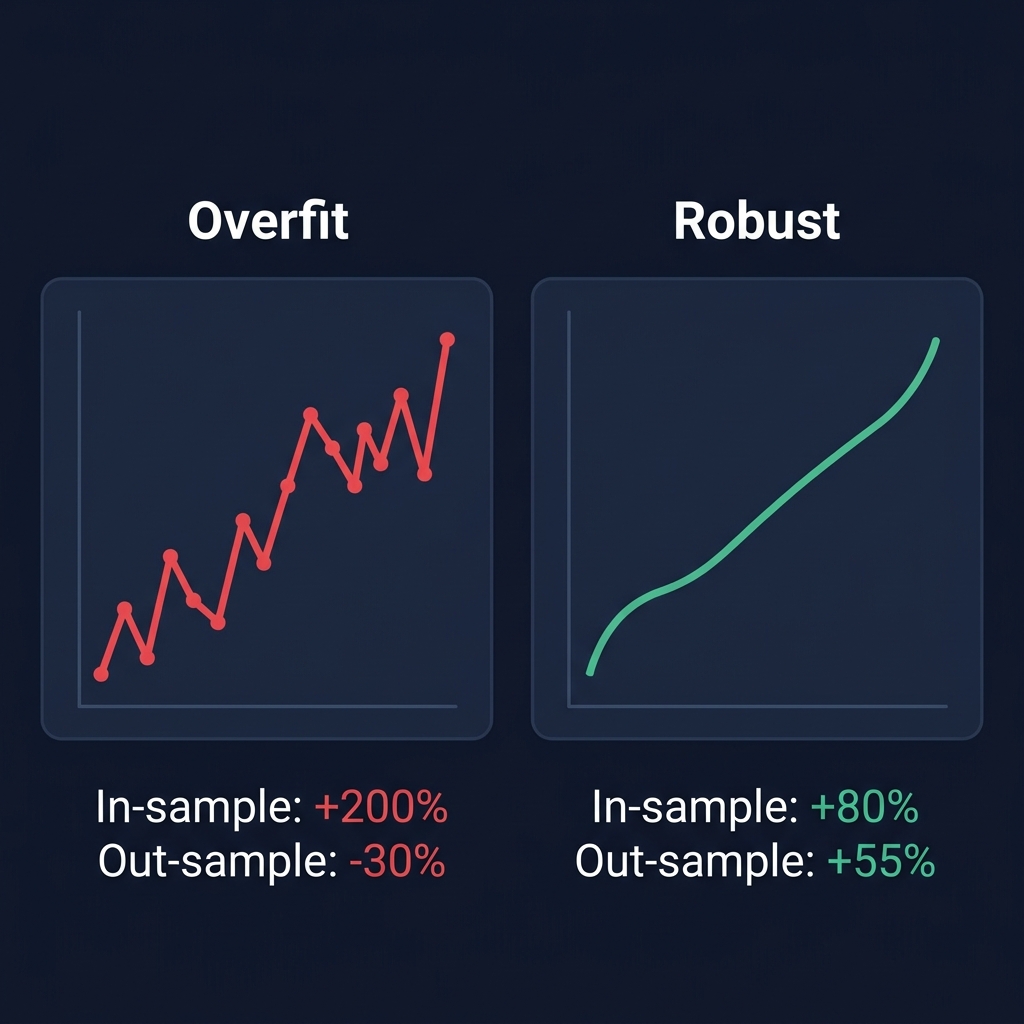 Overfit vs Robust — comparison showing how an overfit strategy performs amazingly in-sample but collapses out-of-sample, while a robust strategy shows consistent results across both periods