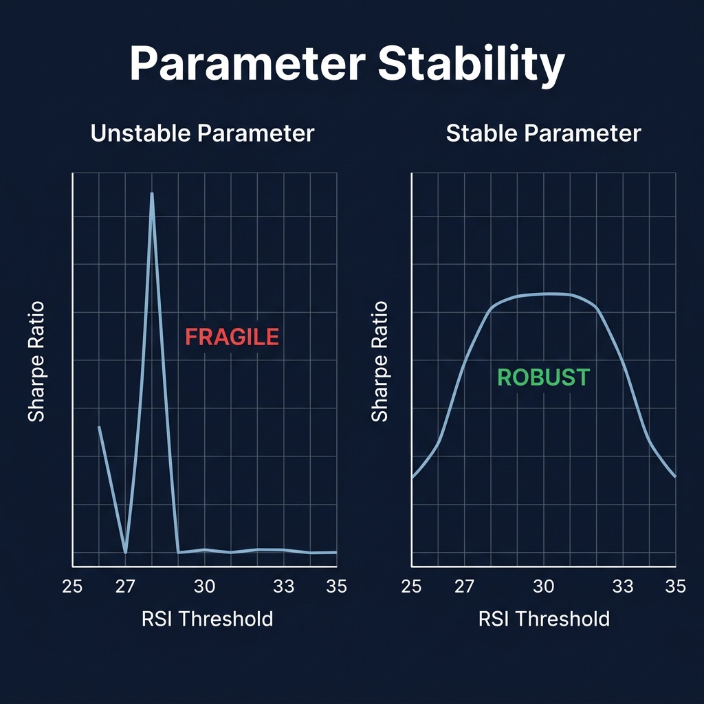 Parameter stability test — a fragile parameter shows a narrow spike in Sharpe ratio at one value, while a robust parameter shows a broad plateau across a range of values