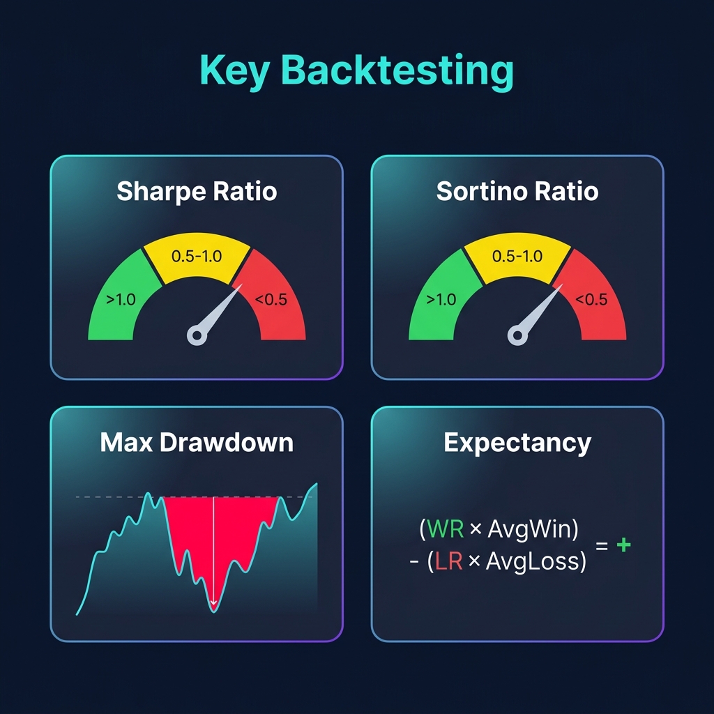 Key backtesting performance metrics dashboard — Sharpe Ratio, Sortino Ratio, Max Drawdown, and Expectancy gauges with color-coded quality zones