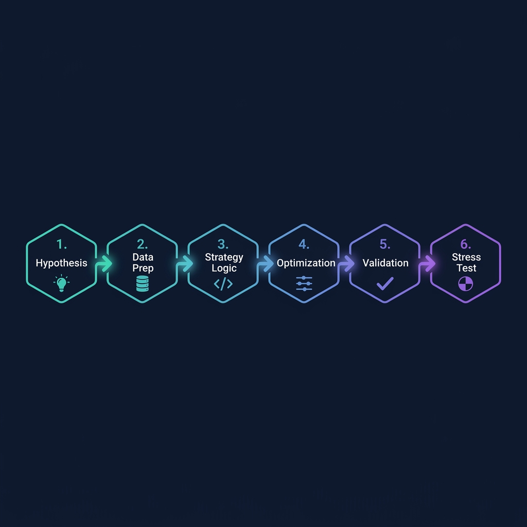 The 6-stage backtesting pipeline: Hypothesis → Data Prep → Strategy Logic → Optimization → Validation → Stress Test