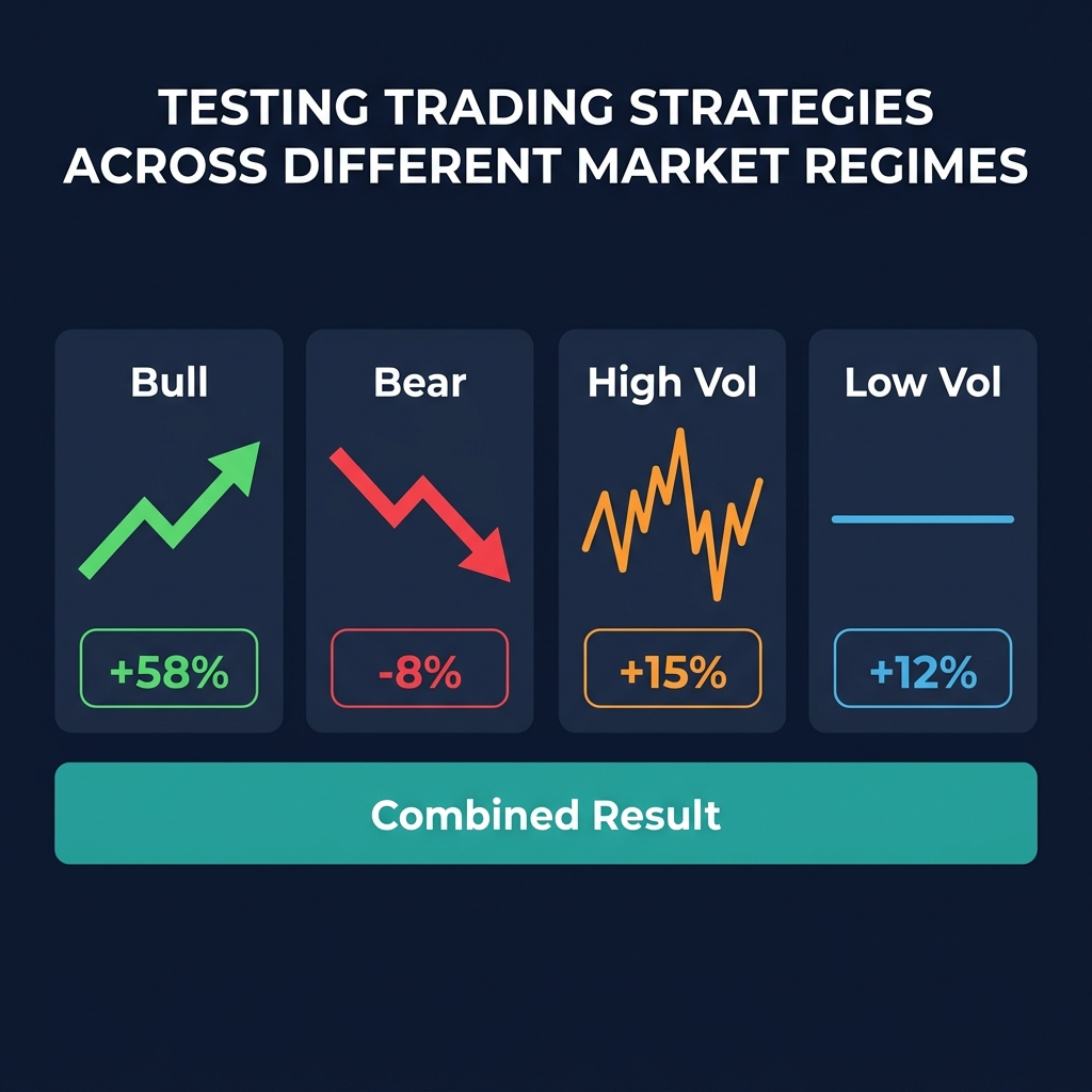 Regime-specific testing showing strategy performance across Bull (+58%), Bear (-8%), High Volatility, and Low Volatility market conditions