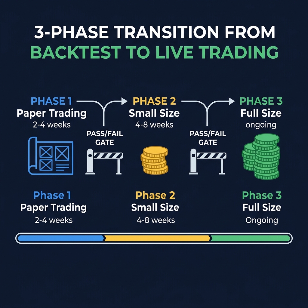 Three-phase transition from backtest to live trading — Phase 1: Paper Trading (2-4 weeks), Phase 2: Small Size (4-8 weeks), Phase 3: Full Size (ongoing), each with pass/fail quality gates