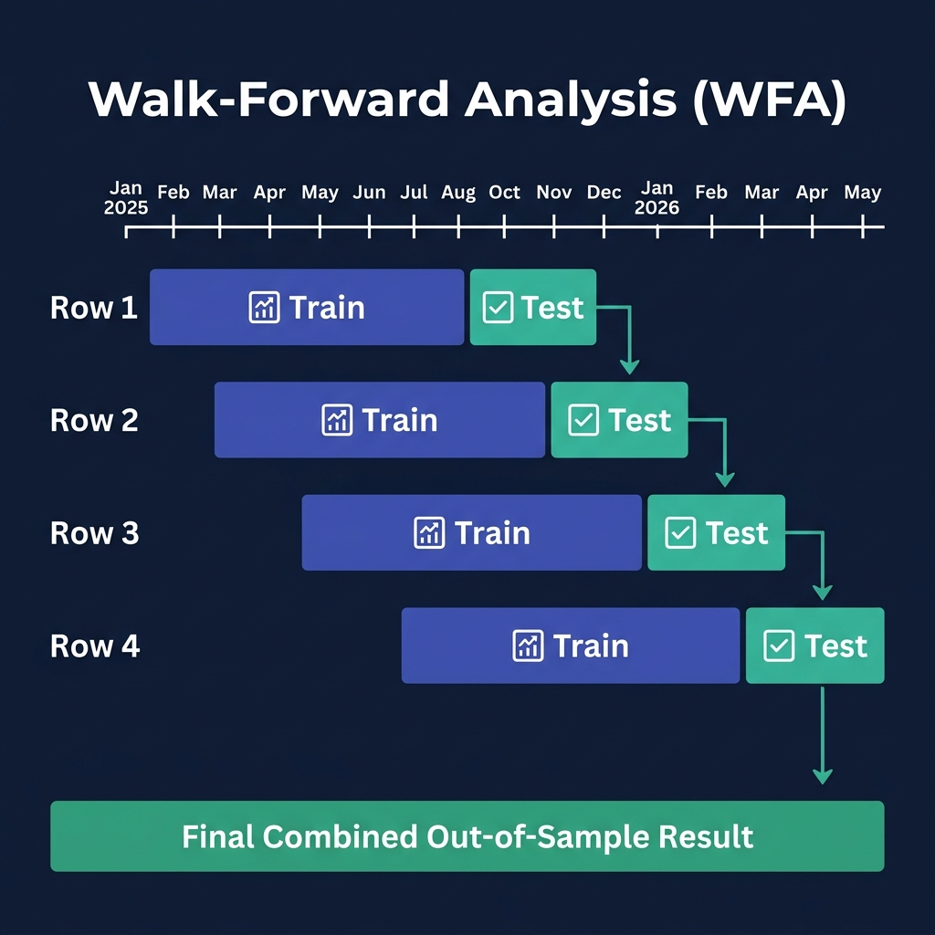 Walk-Forward Analysis diagram showing sliding train/test windows across a timeline — each test window uses parameters optimized on data it has never seen