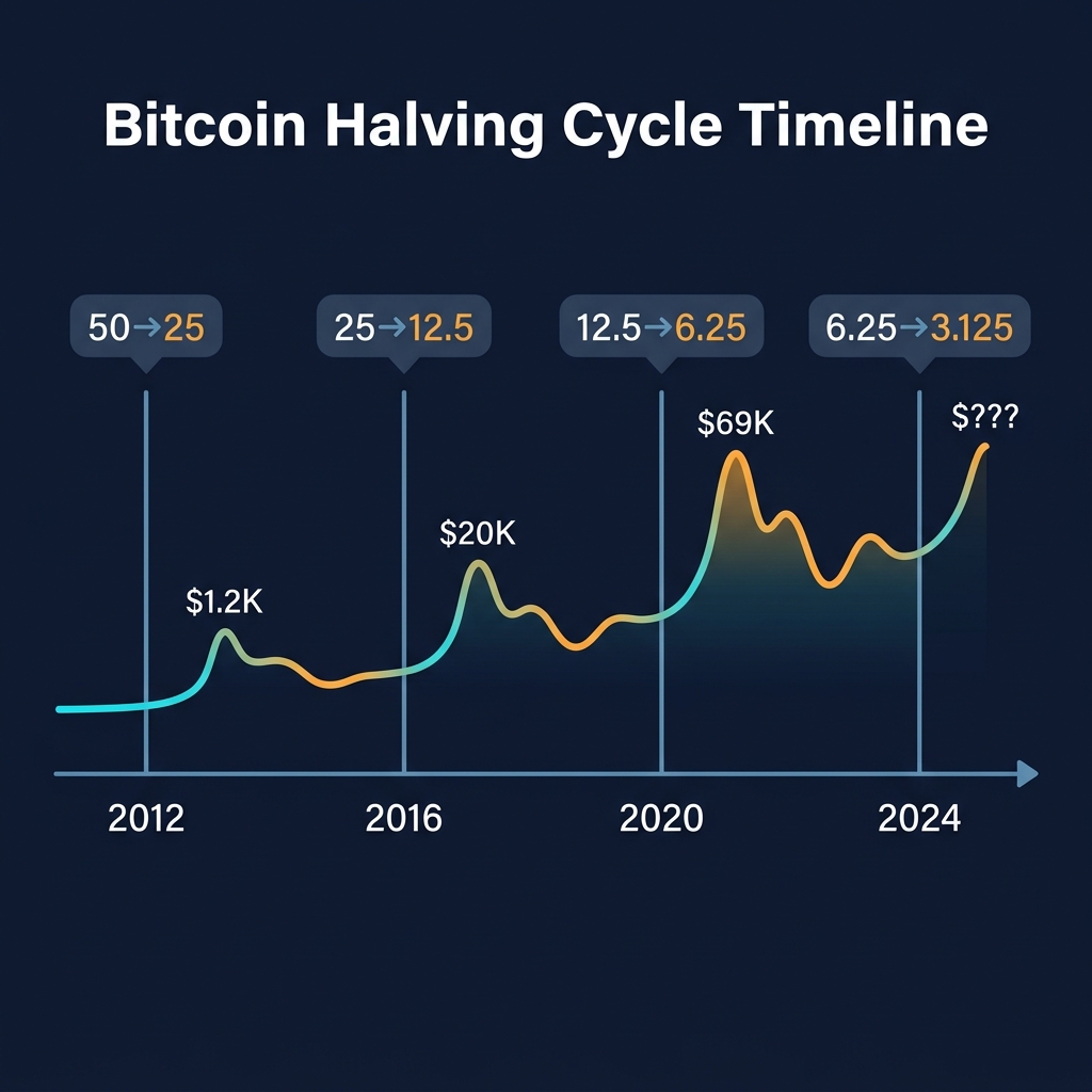 Bitcoin Halving timeline — 2012, 2016, 2020, 2024 với reward giảm và peak price