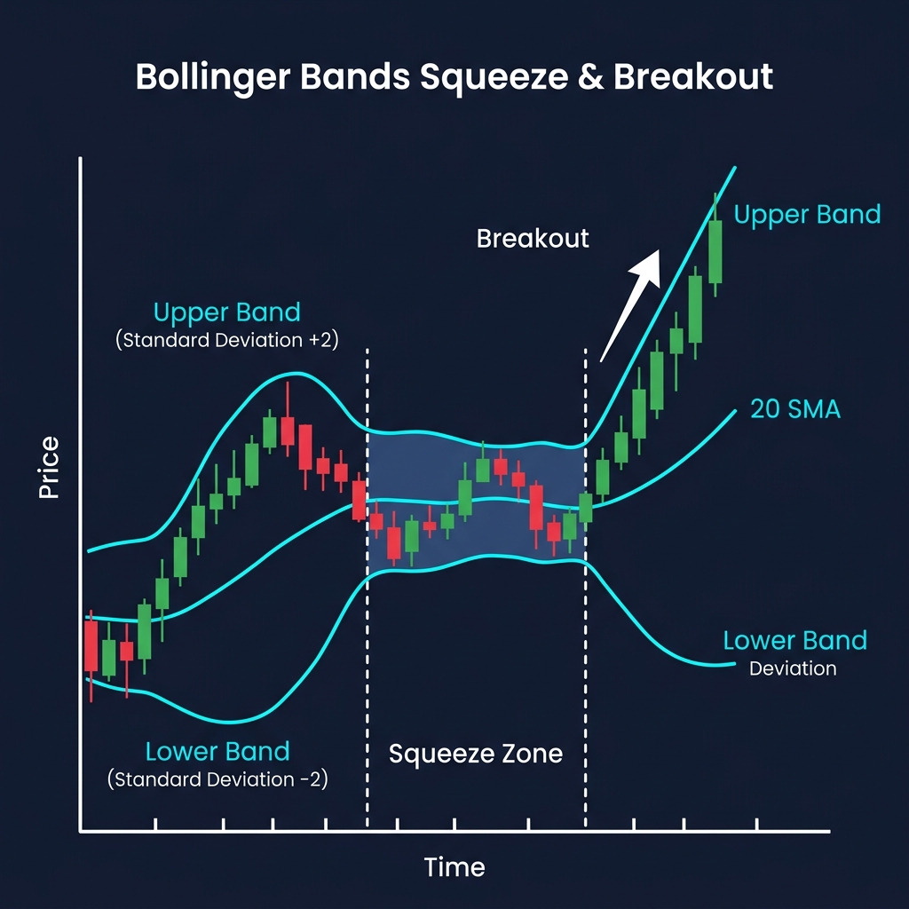 Bollinger Bands squeeze and breakout pattern � bands narrow during consolidation then expand on a directional move