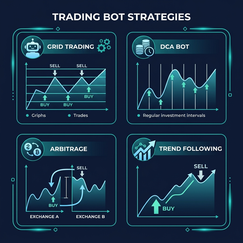 Four AI trading bot strategies: Grid Trading, DCA Bot, Arbitrage, and Trend Following